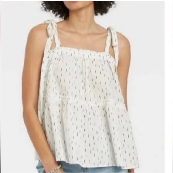 Universal Thread Women's Tie Strap Tiered White Dash Tank Top - Picture 1 of 4